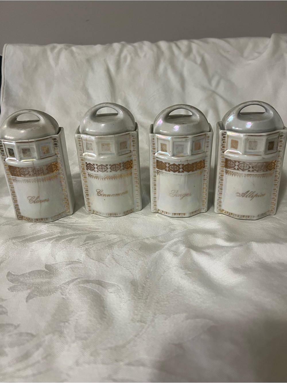 Vintage White Ceramic Spice Canisters with Gold Trim - Set of 4